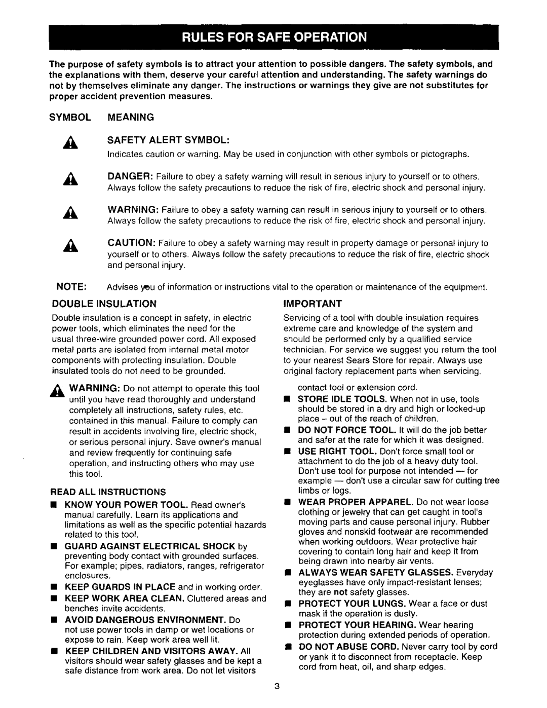 Craftsman 315.275 owner manual Symbol Meaning Safety Alert Symbol, Double Insulation, Read ALL Instructions 