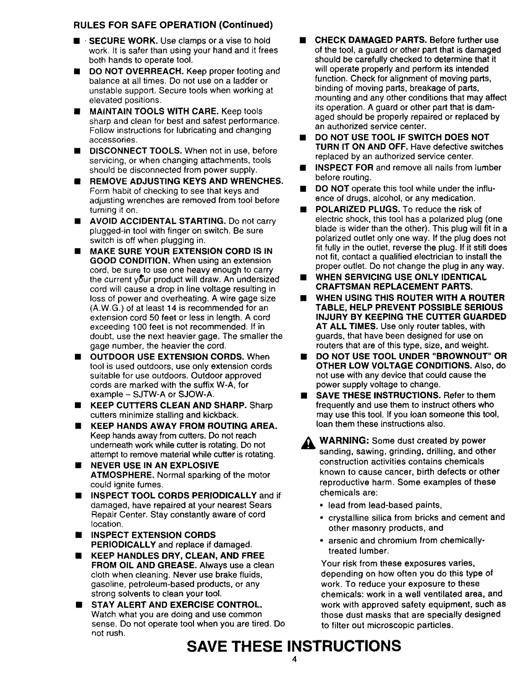 Craftsman 315.275 owner manual Rules for Safe Operation, Do not USE Tool Under Brownout or 