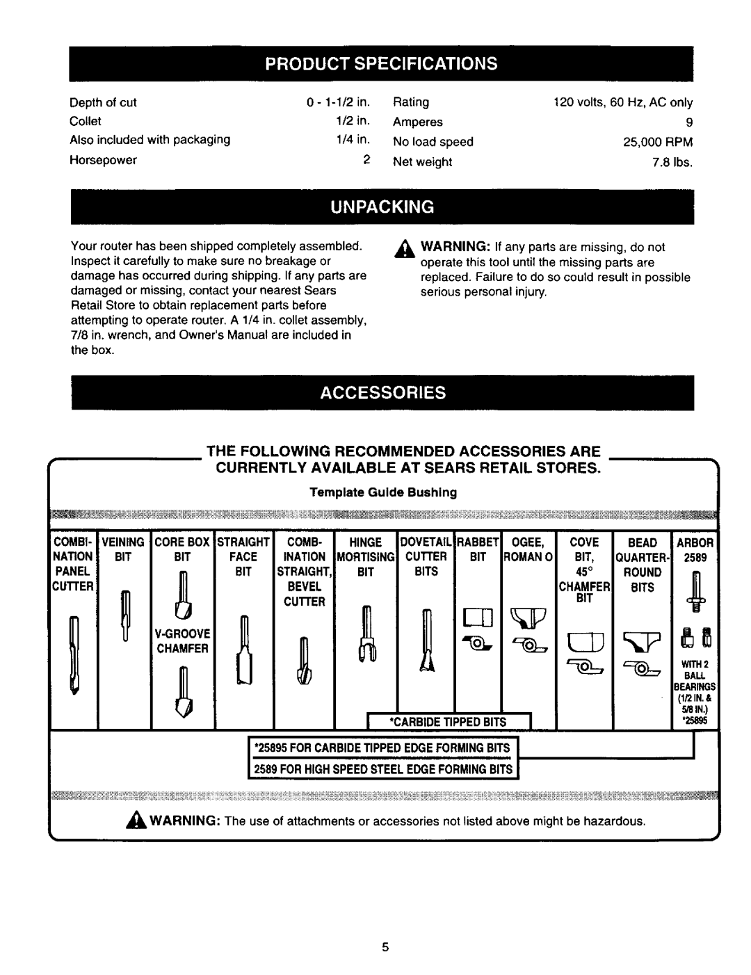 Craftsman 315.275 owner manual Panel BIT Straight Bits, Bevel Chamfer Bits, BIT Round Groove Chamfer 