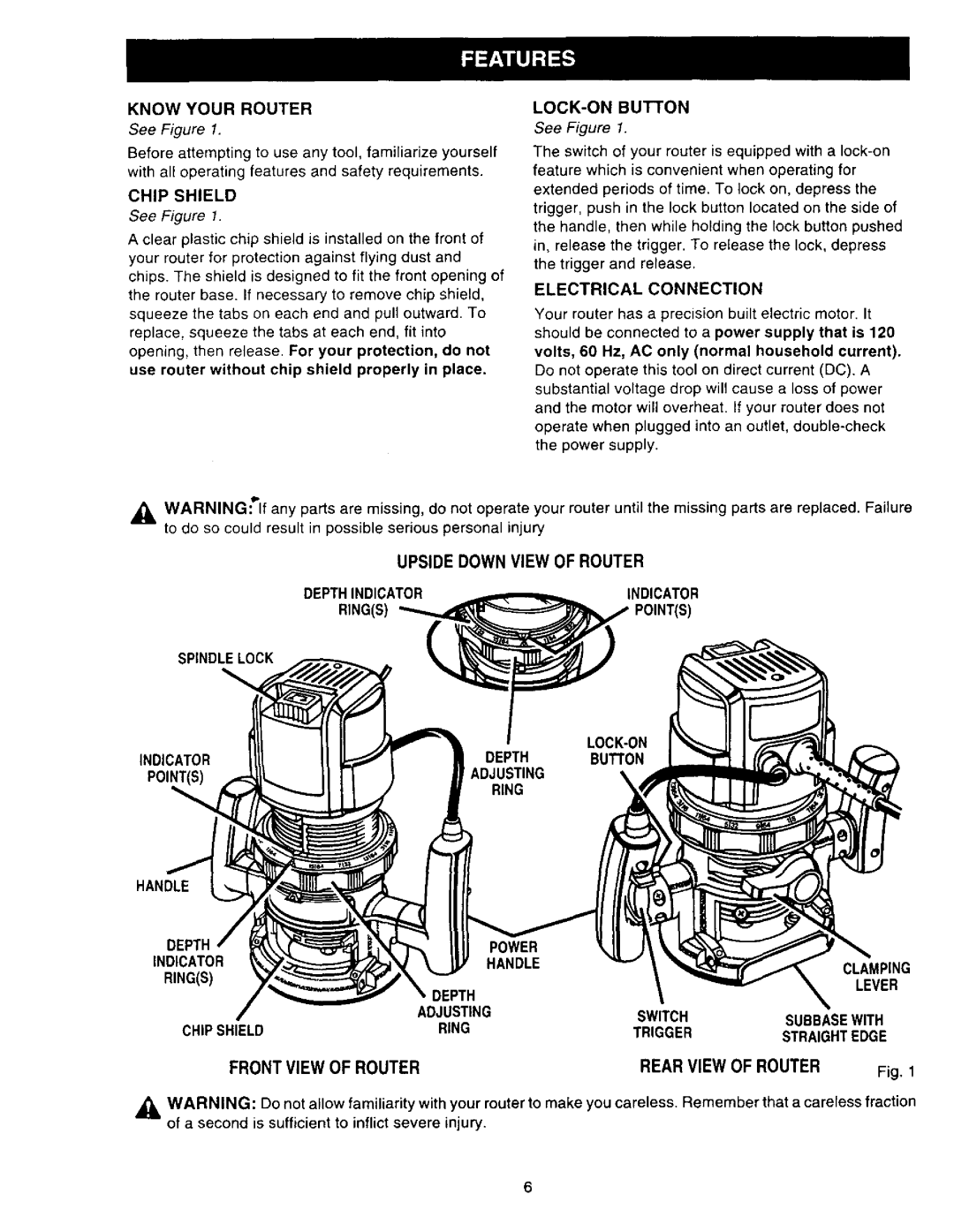 Craftsman 315.275 owner manual Knowyourrouter, Upside Down View of Router Depthindicatorindicator Rings 