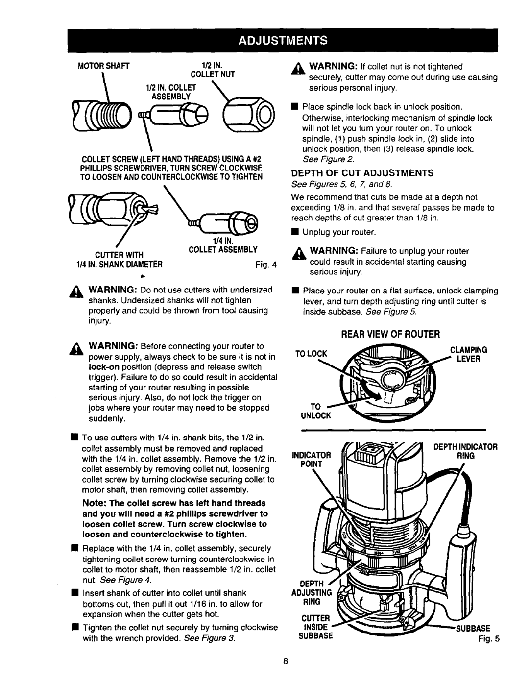 Craftsman 315.275 Depth of CUT Adjustments, Serious injury, Rear View of Router To Lockclamping, Unlock Depthindicator 