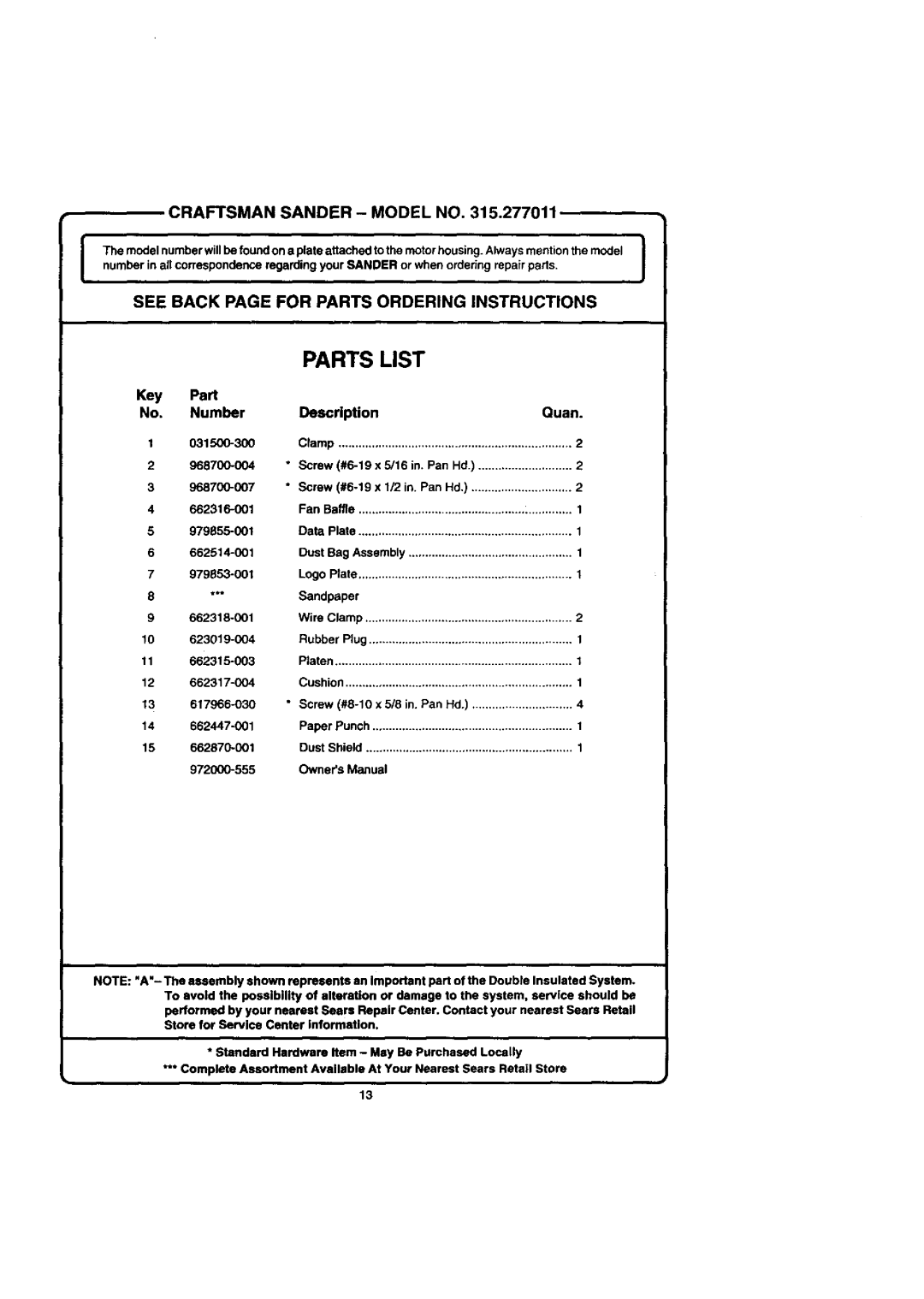 Craftsman 315.277011 owner manual Parts List 