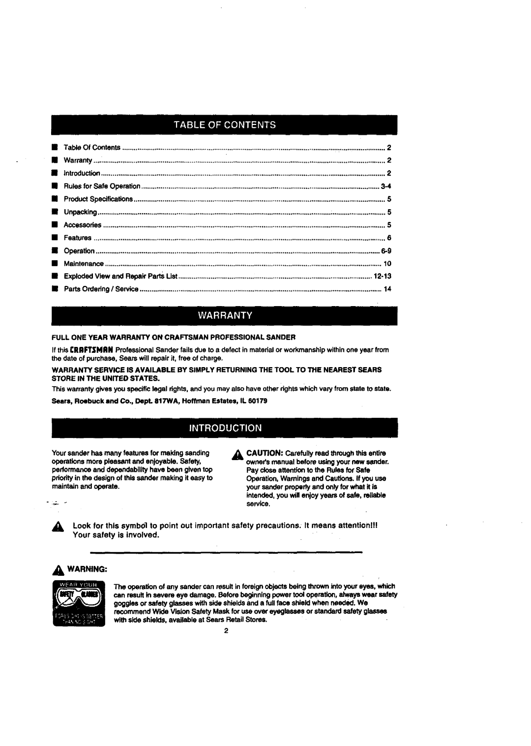 Craftsman 315.277011 owner manual Maintainandoperate, Full ONE Year Warranty on Craftsman Professional Sander 