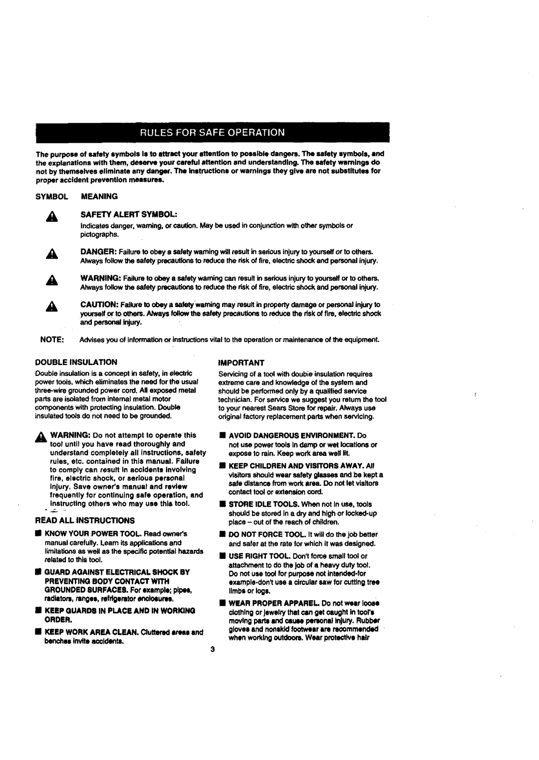 Craftsman 315.277011 Symbol Meaning, Doubleinsulaon, Keep Guards in Place and in Working Order, Safety Alert Symbol 