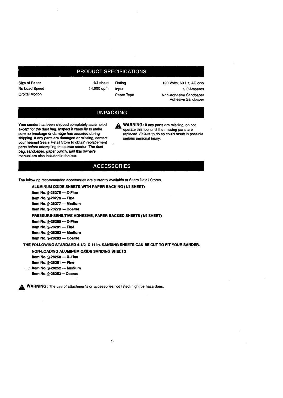 Craftsman 315.277011 owner manual NoLoadSpeed, Aluminum Oxide Sheets with Paper Backing 1/4 Sheet 