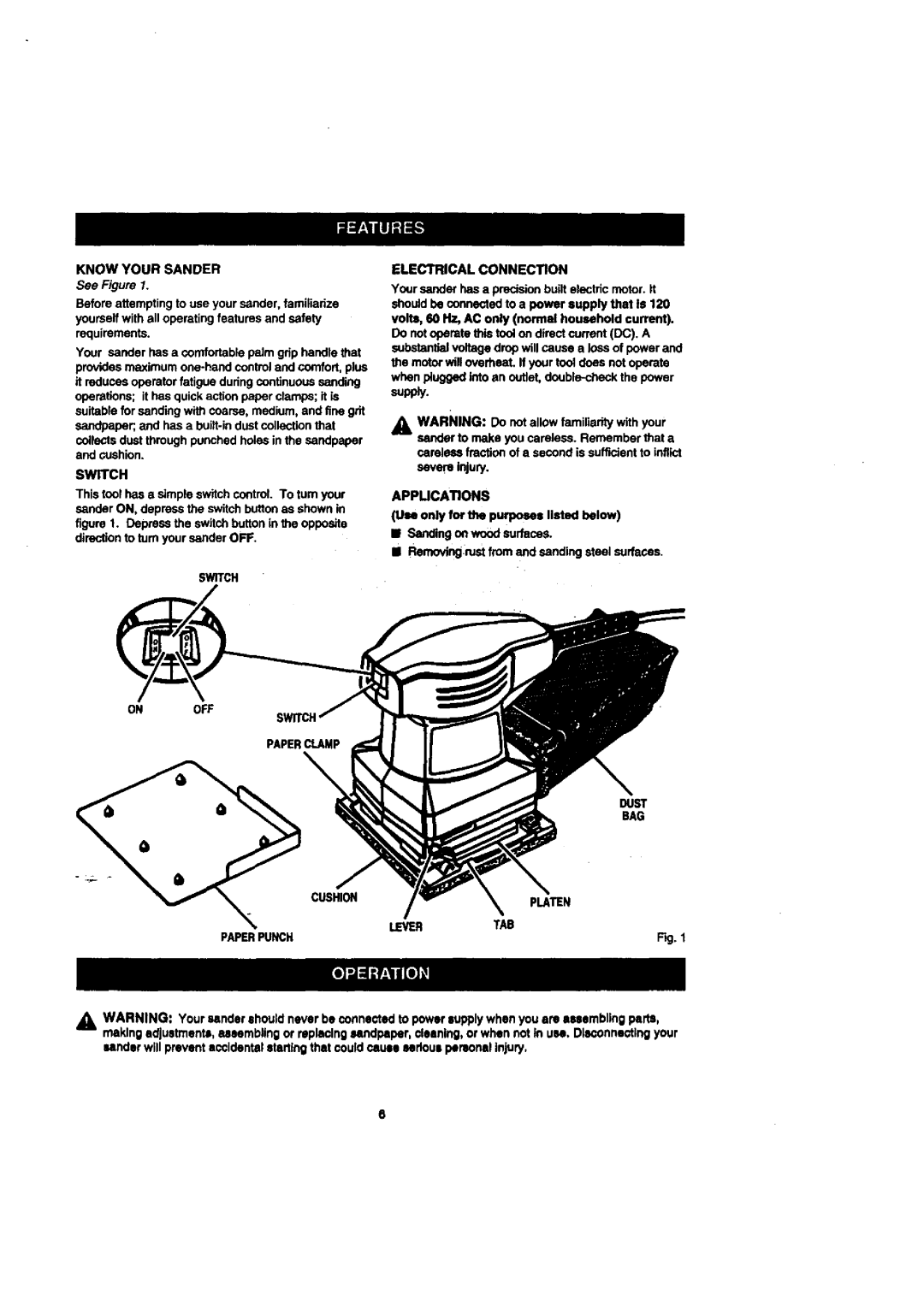 Craftsman 315.277011 owner manual Switch Electrical Connection, Appucations, On OFF Switch, Cushion Lever TAB 