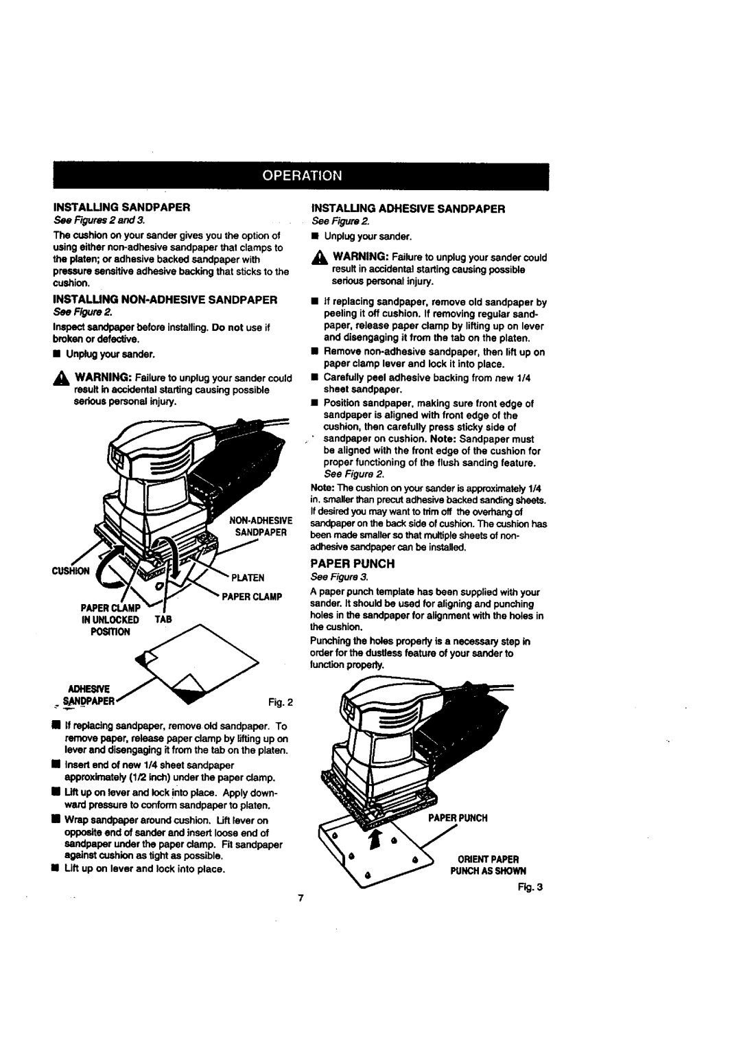 Craftsman 315.277011 owner manual Instalung NON-ADHESIVE Sandpaper, Cushion, Orientpaper Punchasshown 