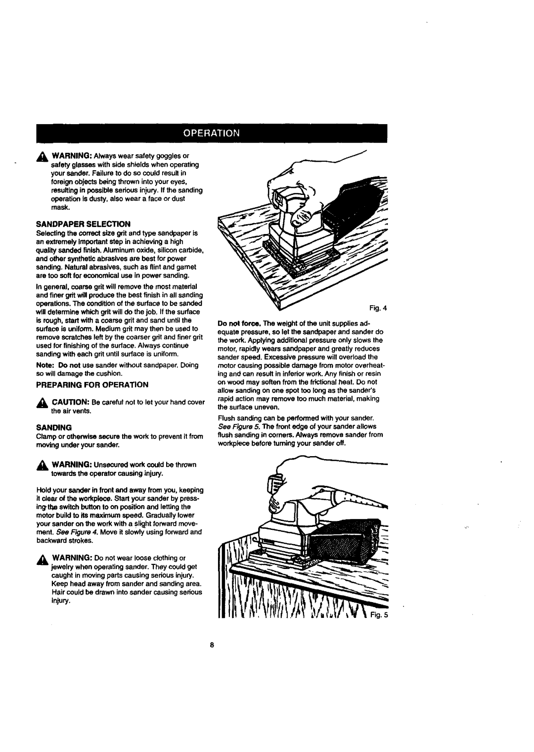 Craftsman 315.277011 owner manual Sanding, Sandpaper Selection, Preparing for Operation 