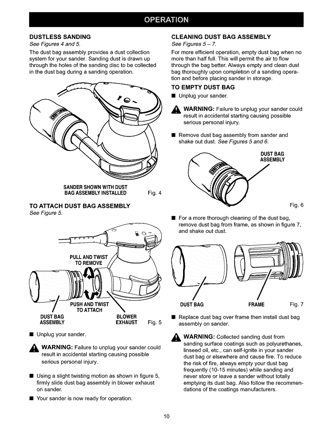 Craftsman 315.279570 Dustless Sanding, Sandershownwith Dust, To Attach Dust BAG Assembly, Cleaning Dust BAG Assembly 