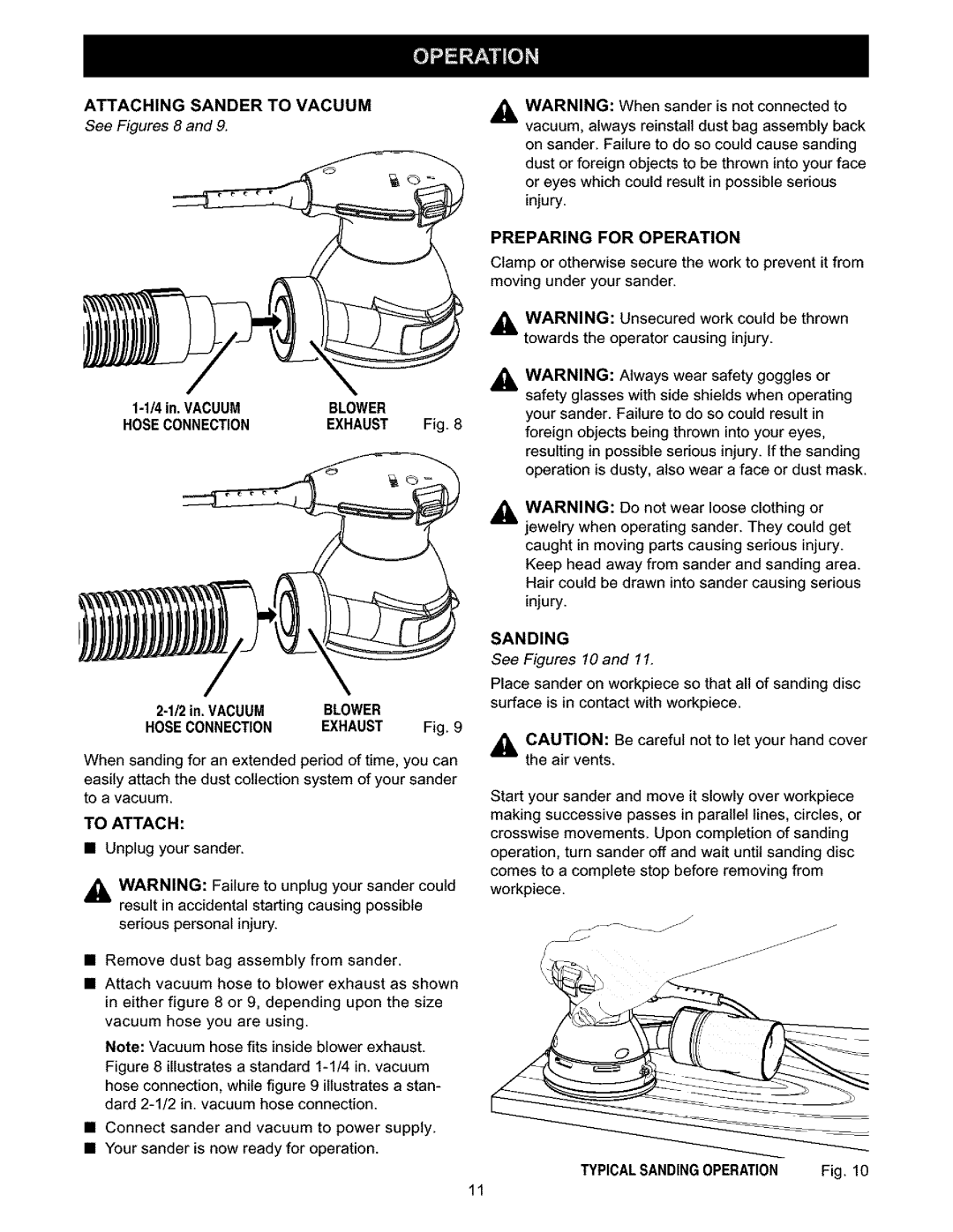 Craftsman 315.279870 Attaching Sander to Vacuum, Blower Hoseconnection Exhaust, To Attach, Preparing for Operation 