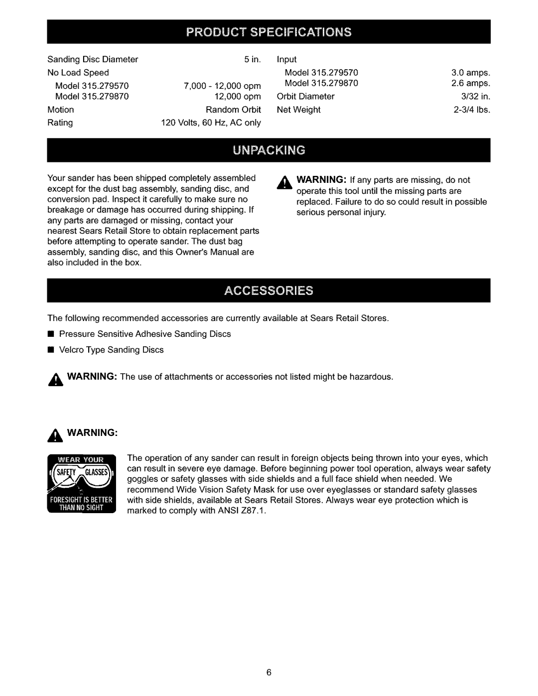 Craftsman 315.279870 owner manual Sanding Disc Diameter Input No Load Speed Model 315.279570 