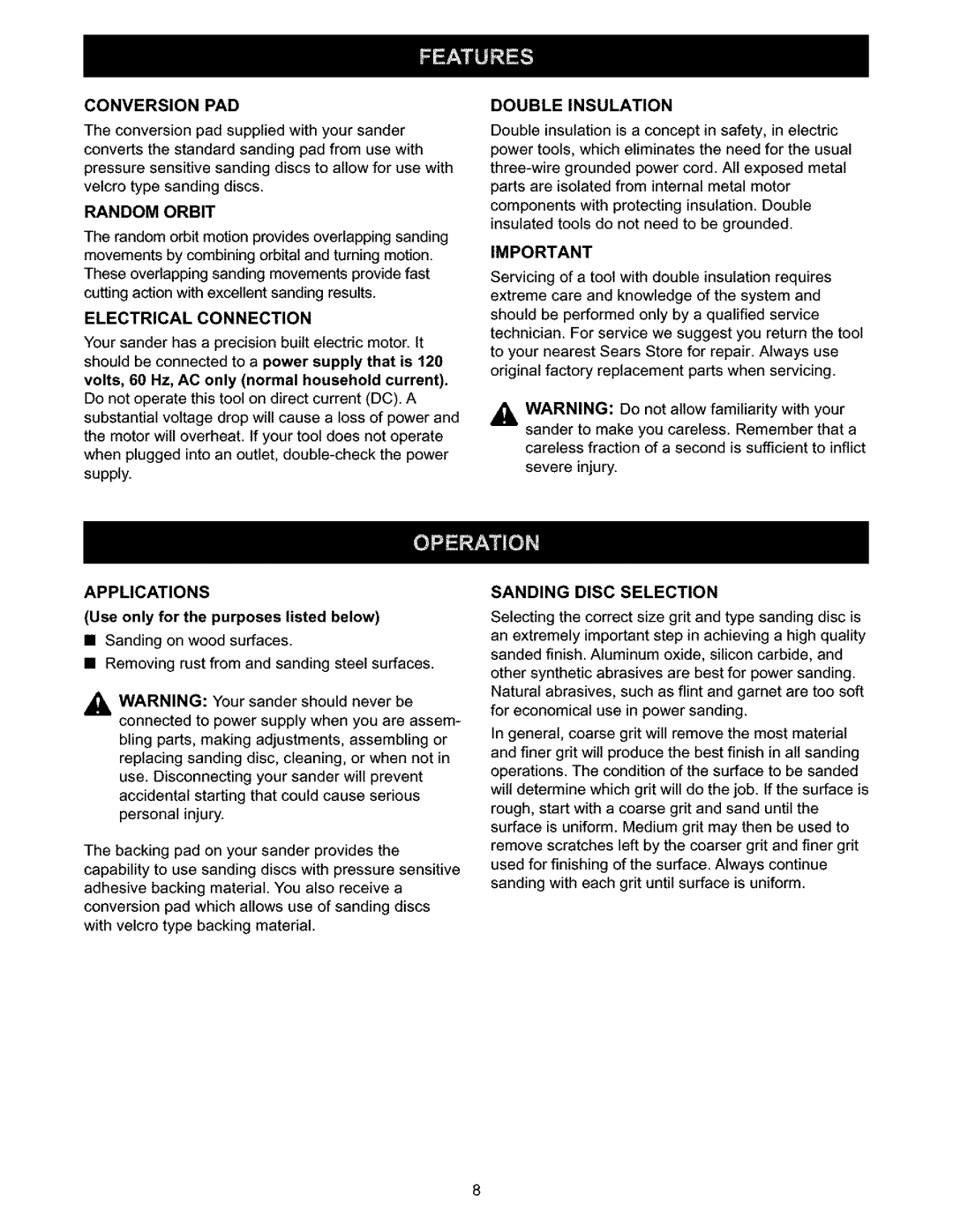 Craftsman 315.279570 Random Orbit, Electrical Connection, Double Insulation, Applications, Sanding Disc Selection 