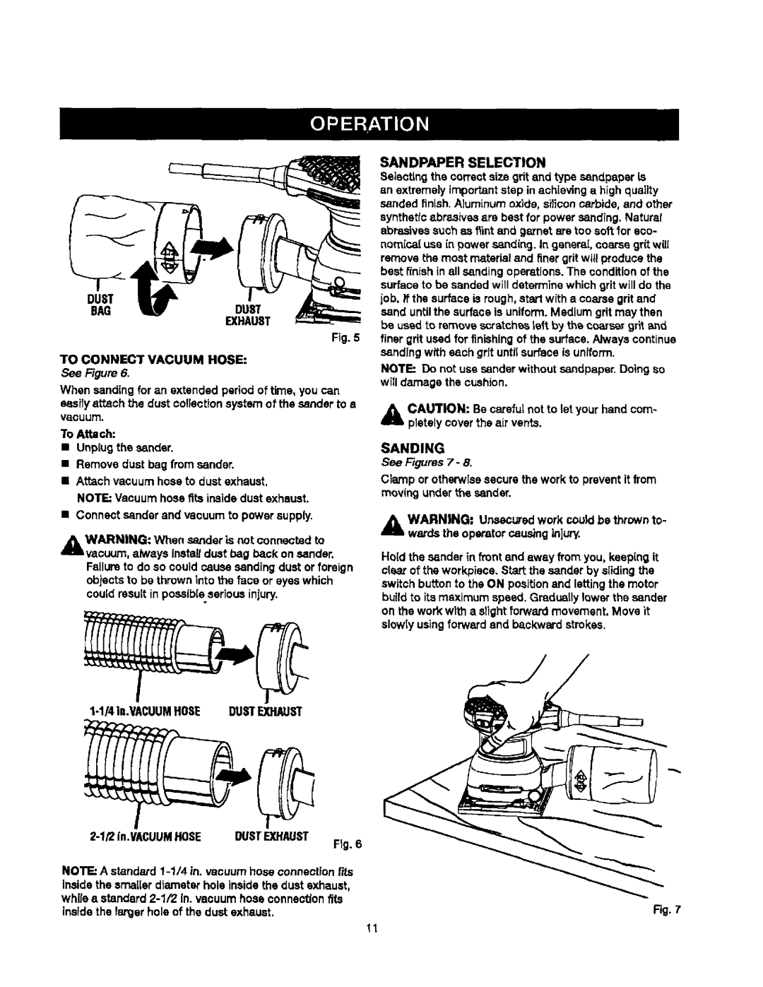 Craftsman 315.27984 manual Sandpaper Selection, To Connect Vacuum Hose, Sanding, See Fcgures7 