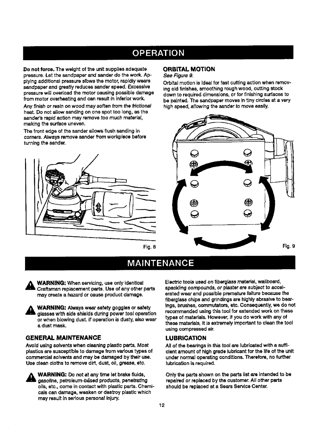 Craftsman 315.27984 manual General Maintenance, Orbital Motion, Lubrication 