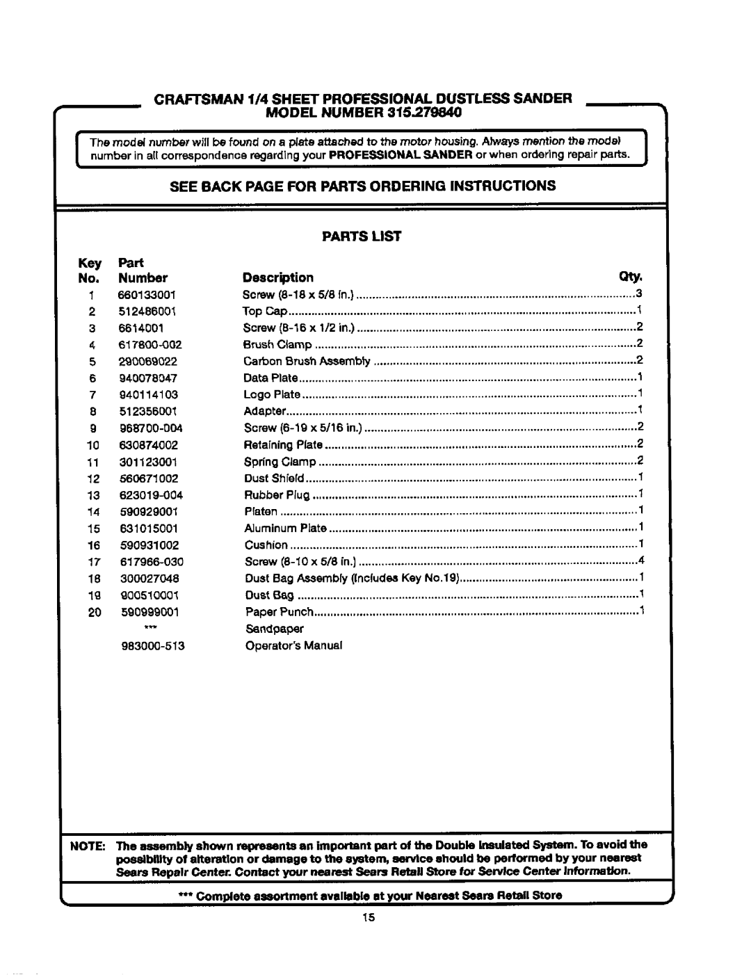 Craftsman 315.27984 manual See Back page for Parts Ordering Instructions, Craftsman 1/4 Sheet Professional Dustless Sander 