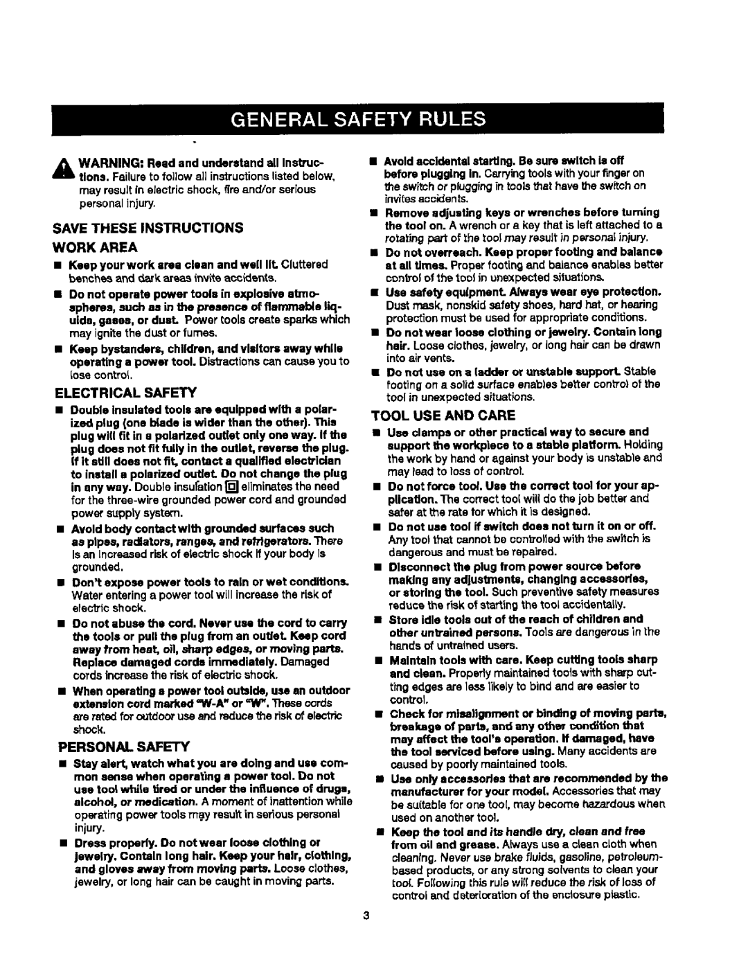 Craftsman 315.27984 manual Electrical Safety, Personal Safety 