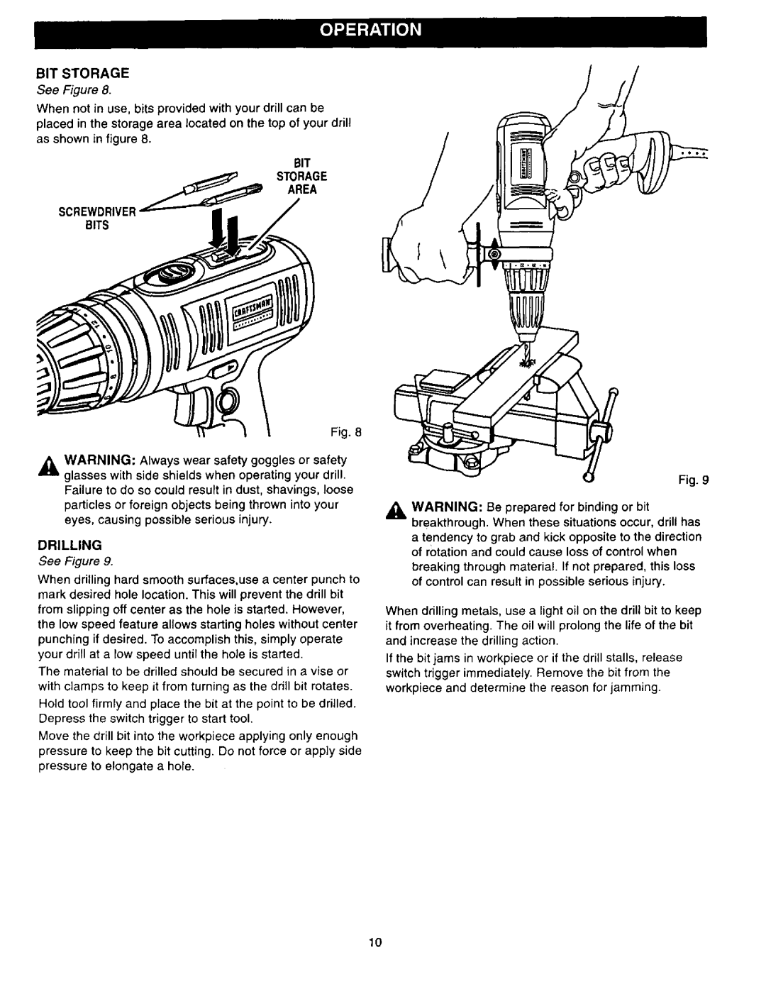 Craftsman 315.27994 owner manual BIT Storage, BIT Area Storage Screwdriver Bits, Drilling 