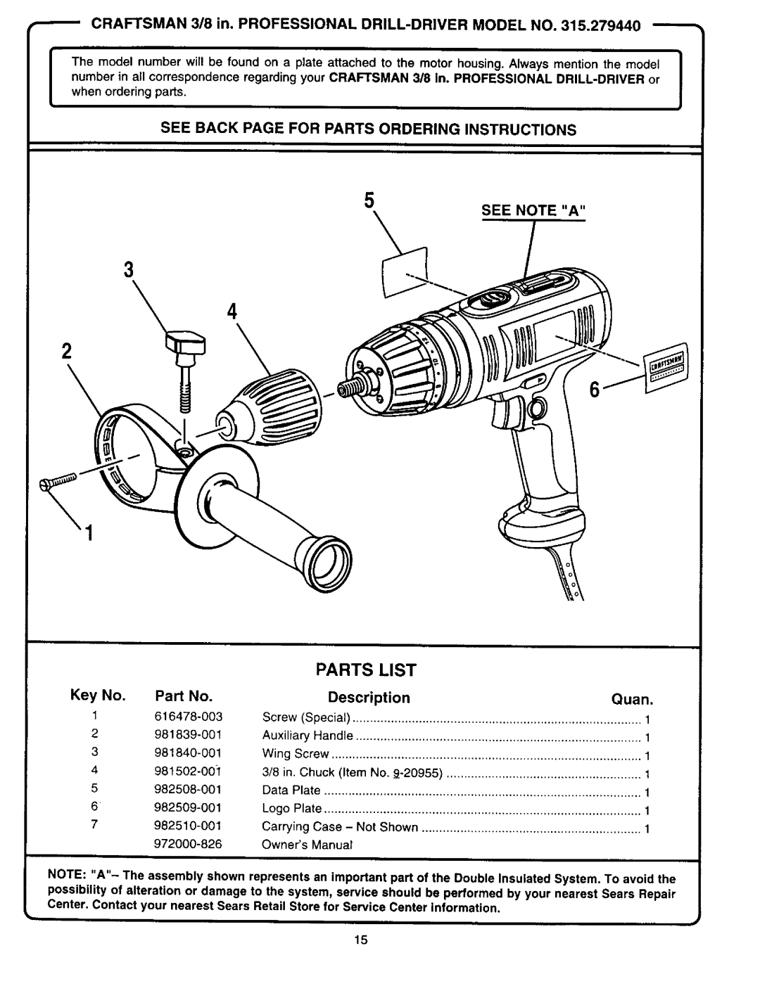 Craftsman 315.27994 owner manual Parts List 