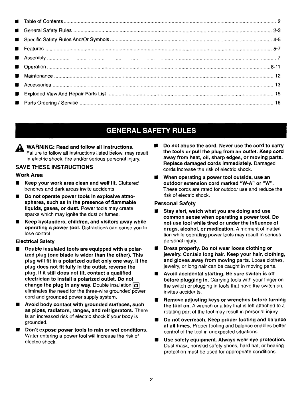 Craftsman 315.27994 owner manual Dontexpose power tools to rain or wet conditions 