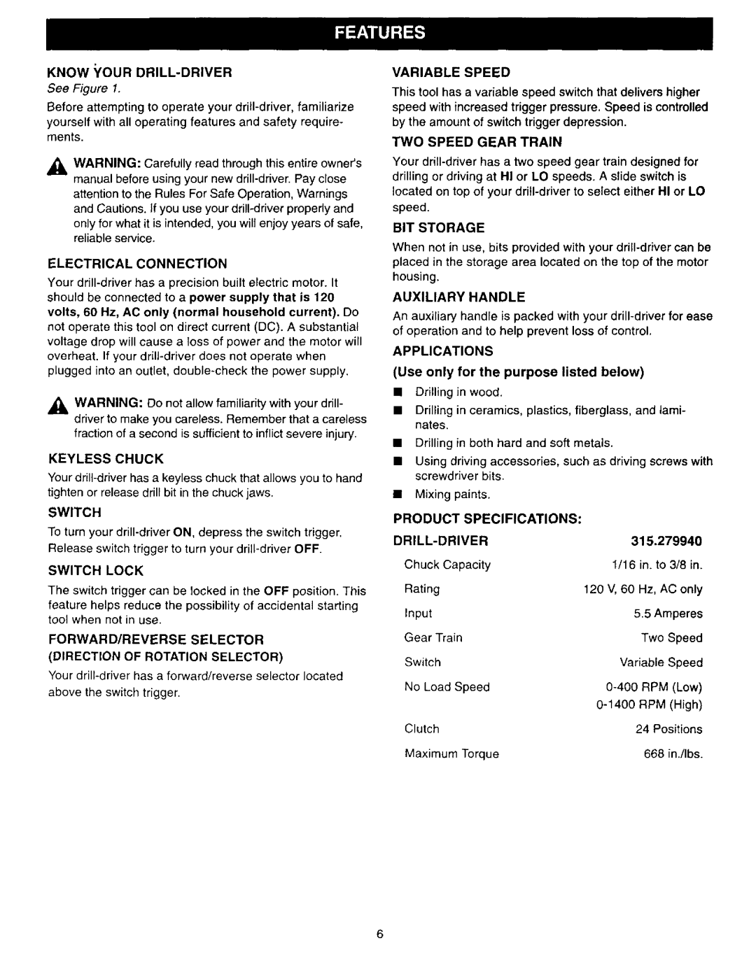 Craftsman 315.27994 Know Your DRILL-DRIVER, Electrical Connection, Switch, Variable Speed, TWO Speed Gear Train 