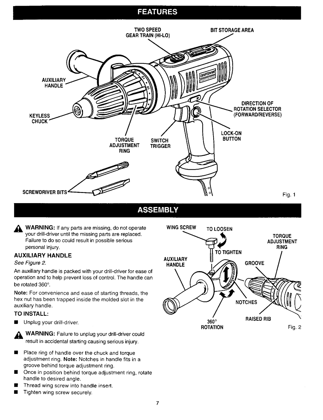 Craftsman 315.27994 Auxiliary Handle, Wingscrew, Handle To Loosen Torque Adjustment Ring, Groove, To Install, Notches 