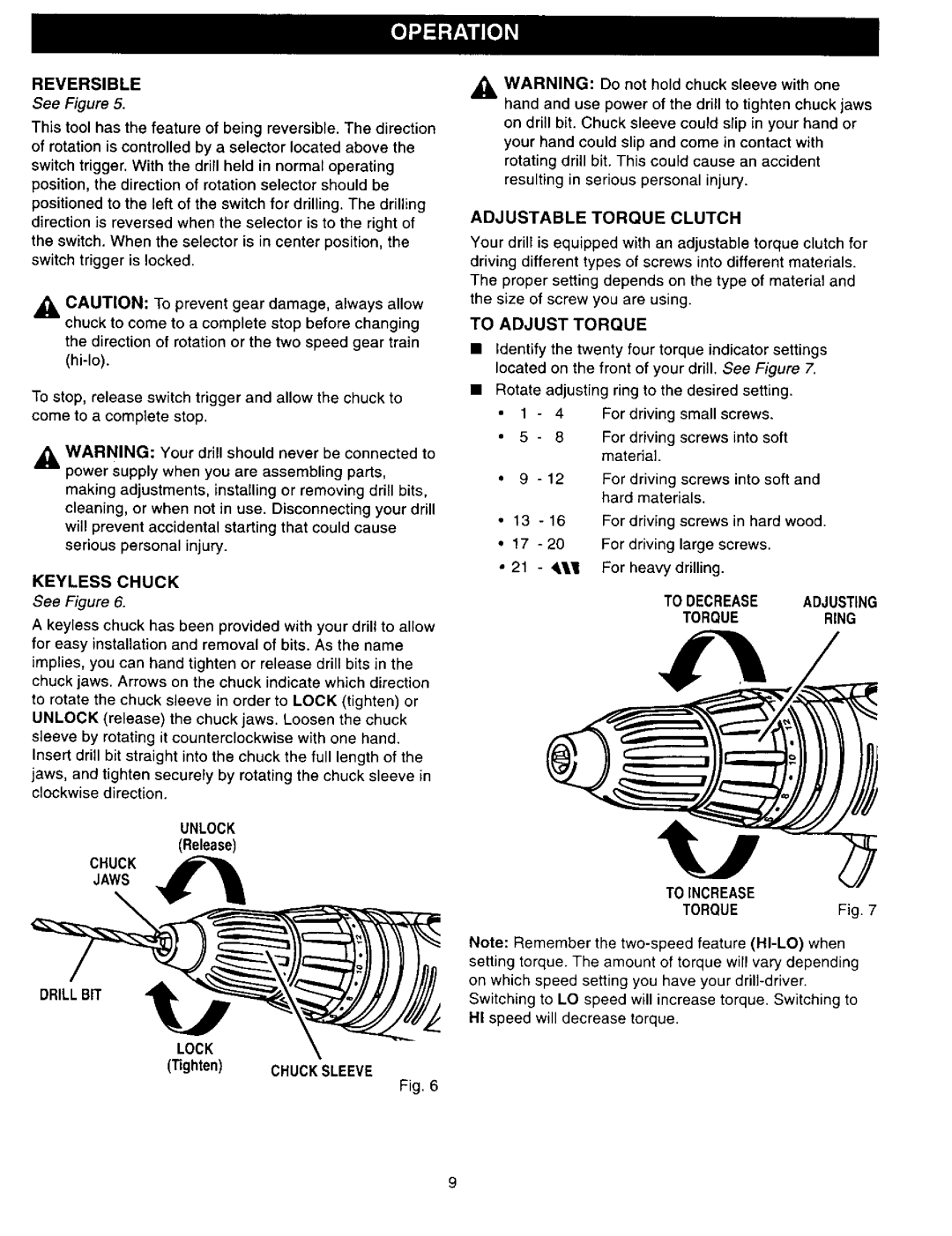 Craftsman 315.27994 owner manual Reversible, Keyless Chuck, Unlock, Chuck Drillbit Lock, Adjustable Torque Clutch 