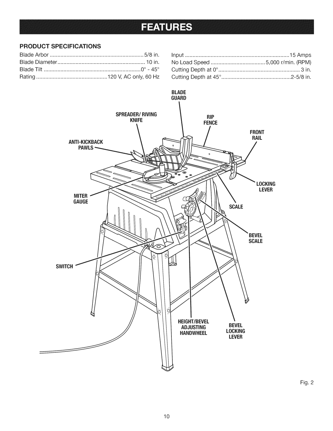 Craftsman 315.28461 manual Guard SPREADER/RIVING Knife, Fence Scale Switch, Adjusting Bevel, Lever 