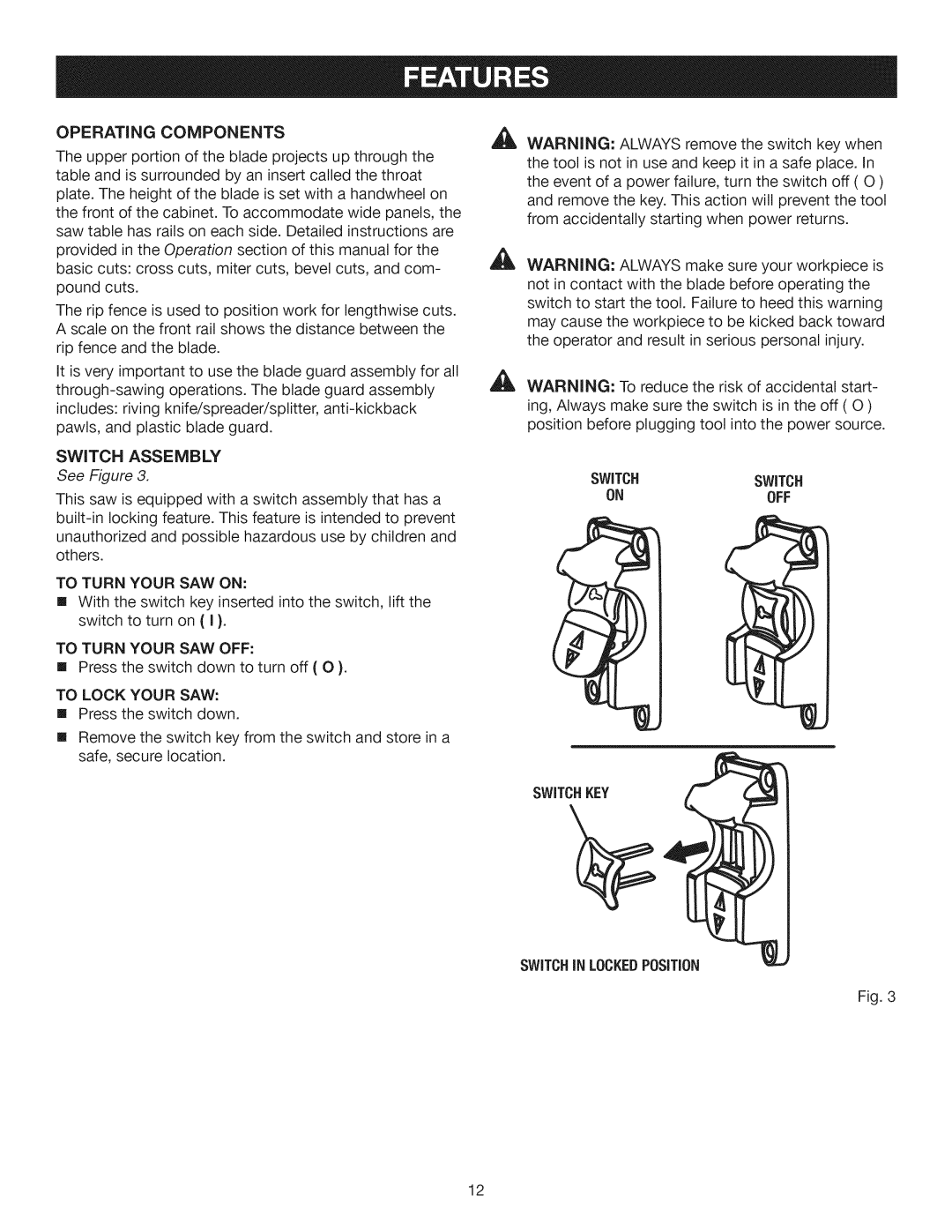 Craftsman 315.28461 manual Switch Assembly, Switchswitch, Switchkey Switchin Lockedposition 