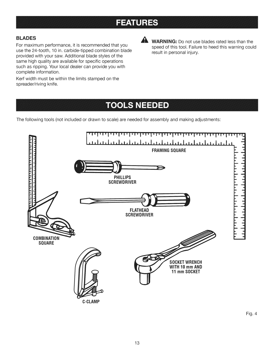 Craftsman 315.28461 manual Blades, Framingsquare, PHiLLiPS, Flathead, Socketwrench WiTH 10 rnrnAND 11 rnm Socket 