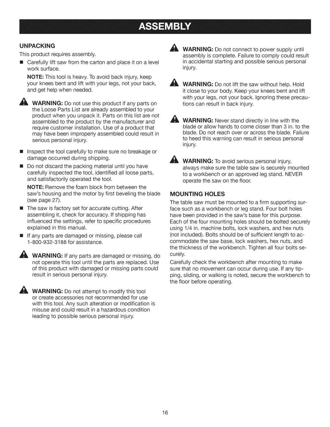 Craftsman 315.28461 manual Unpacking, Mounting Holes 