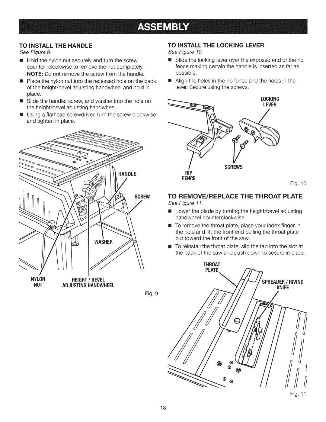 Craftsman 315.28461 manual To Install the Handle, Lever Screws, Fence, SPREADER/ RiViNG 