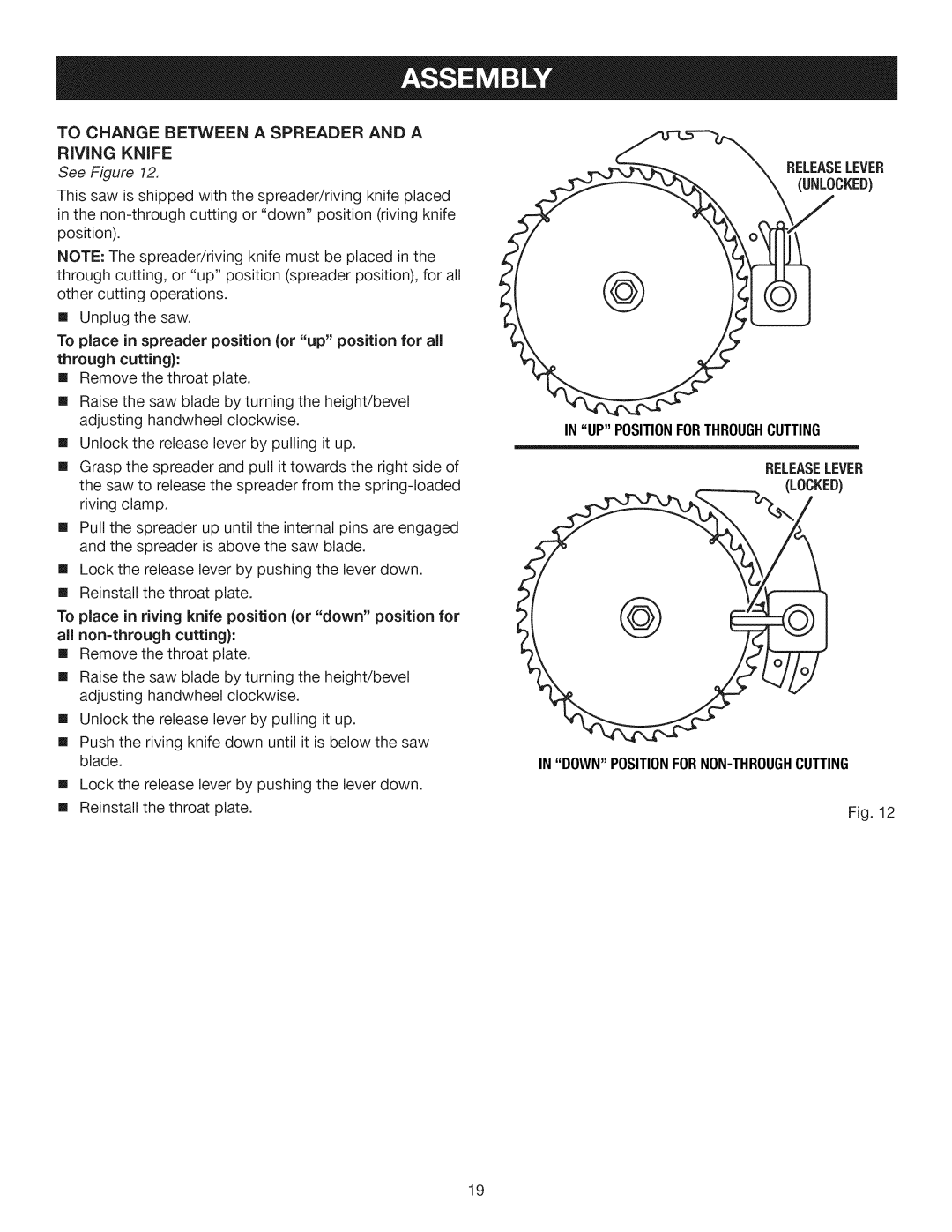 Craftsman 315.28461 manual Unlocked, Releaselever, UP Positionforthroughcutting 