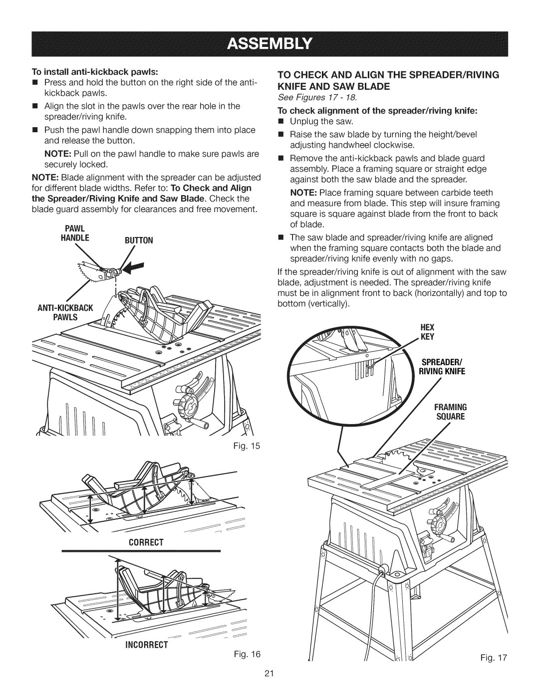 Craftsman 315.28461 Pawl Handle Button ANTI=KICKBACK Correct, To Check and Align the SPREADER/RIVING Knife and SAW Blade 