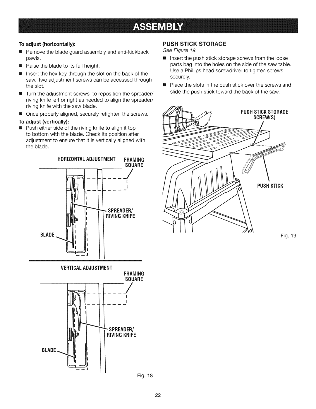 Craftsman 315.28461 manual To adjust vertically, Push Stickstorage, Push Stick Blade 