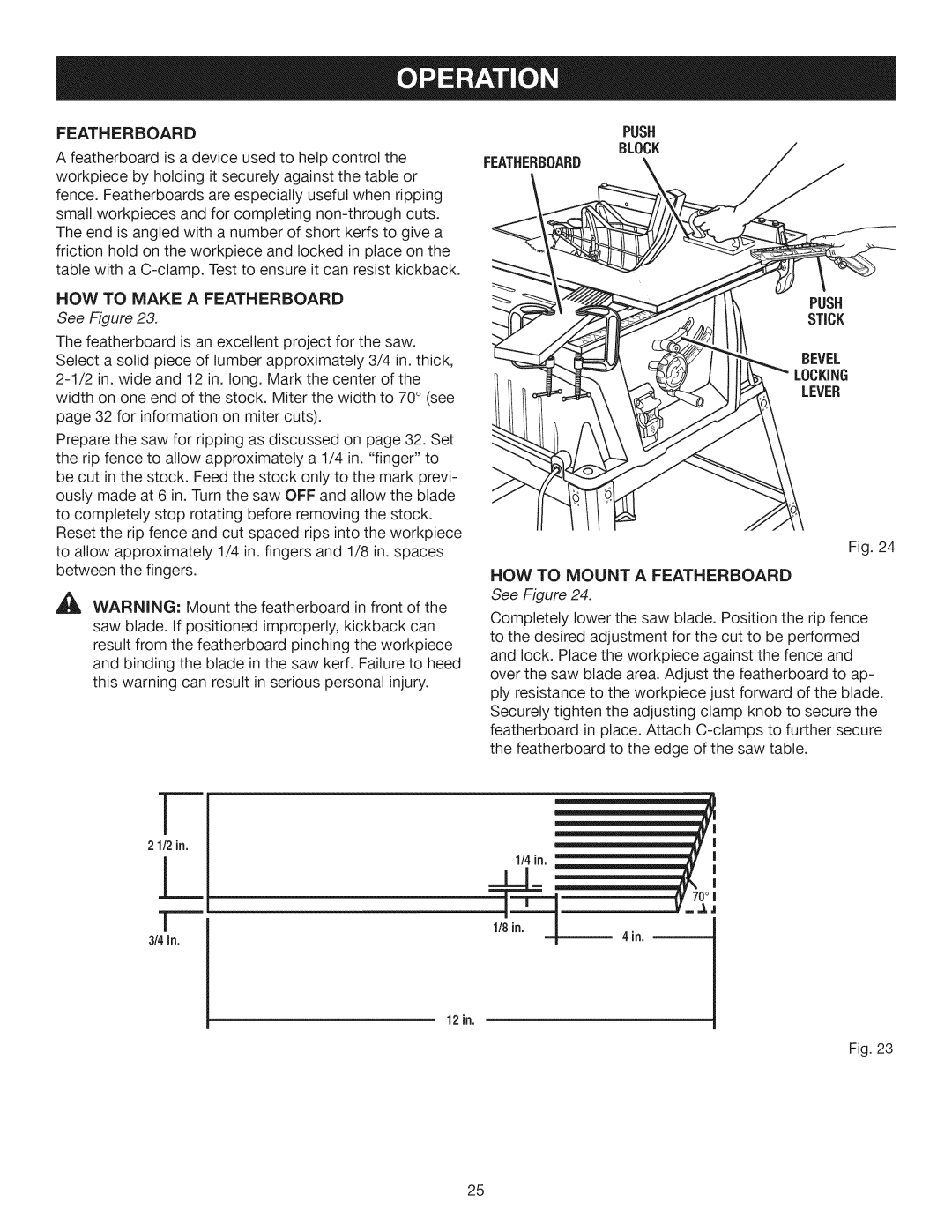 Craftsman 315.28461 manual HOW to Make a Featherboard, Featherboard Push, Stick Bevel Locking Lever 