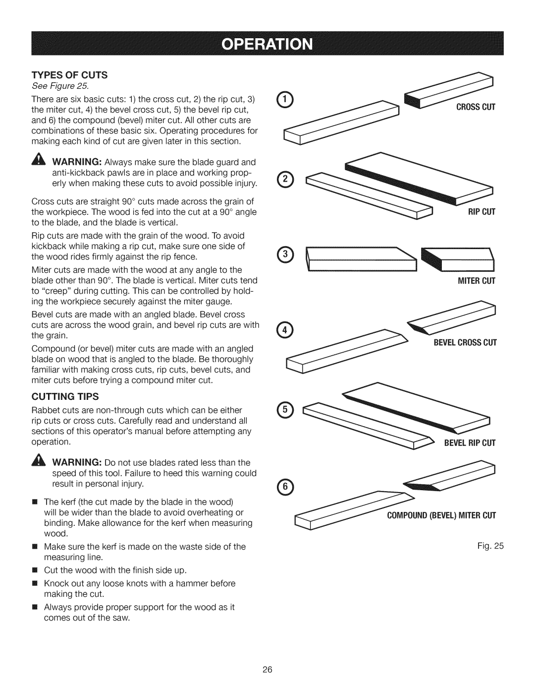 Craftsman 315.28461 manual Typesofcuts, Crosscut, Bevelcrosscut 