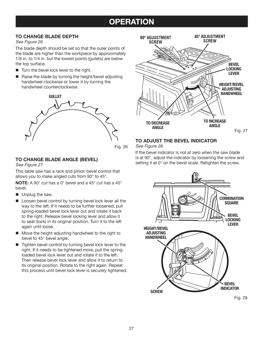 Craftsman 315.28461 manual Gullet, 900ADJUSTMENT450 Adjustment, Lever HEIGHT/BEVEL Adjusting, Todecrease Toincrease Angle 