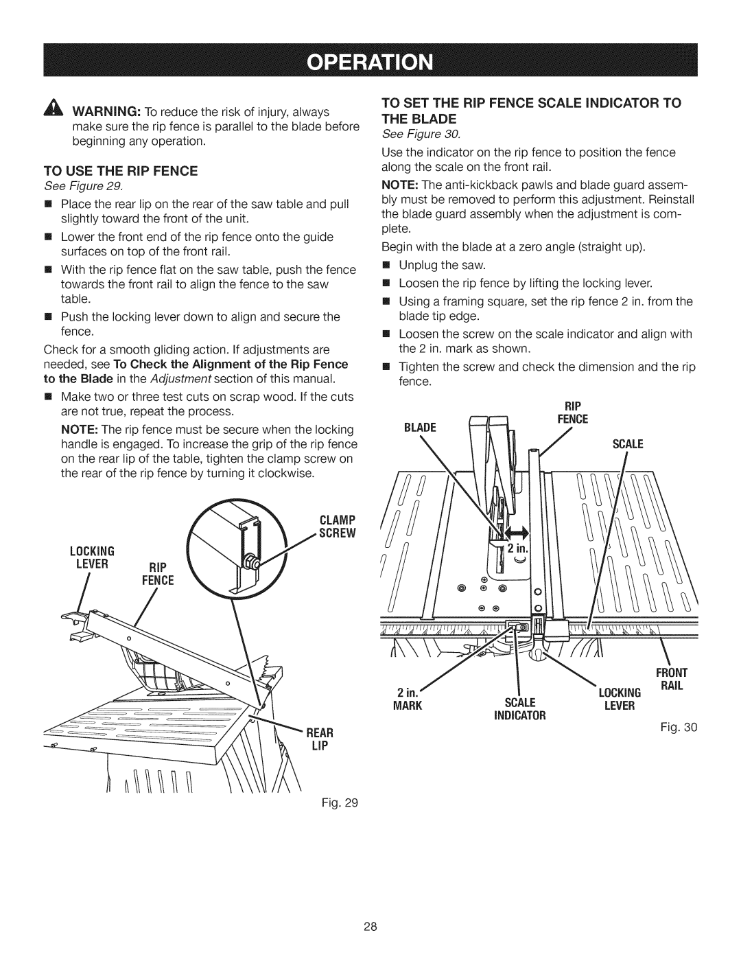 Craftsman 315.28461 manual Clamp Locking, Lever RiP, LiP, Mark 