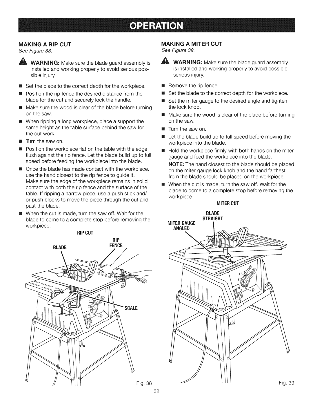 Craftsman 315.28461 manual RiPCUT, RIP Bladefence, Making a Miter CUT, Mitercut Blade, Straight Mitergauge Angled 