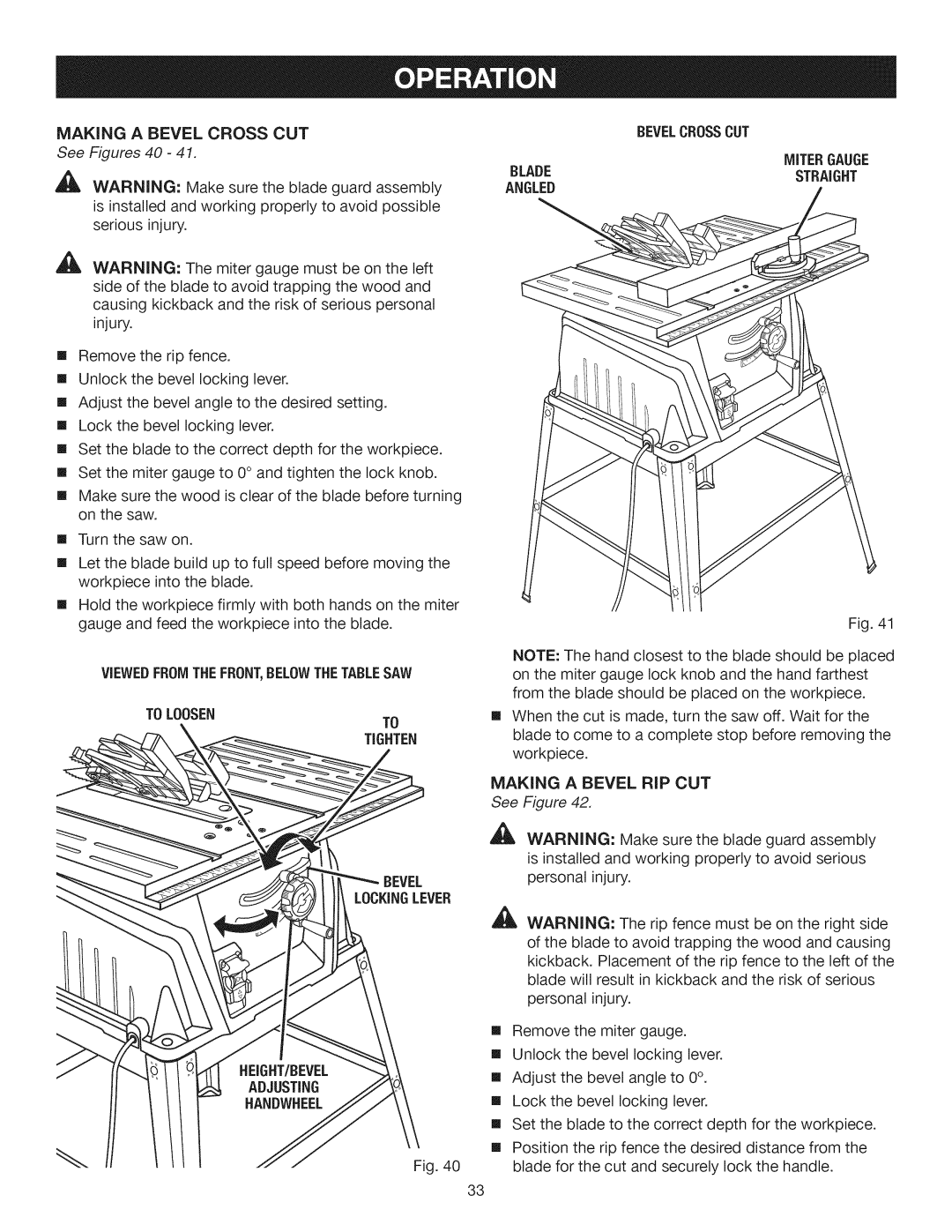 Craftsman 315.28461 manual Makinga Bevelcrosscut, Viewedfromthefront,Belowthetablesaw, Tighten, Lockinglever Bevelcrosscut 