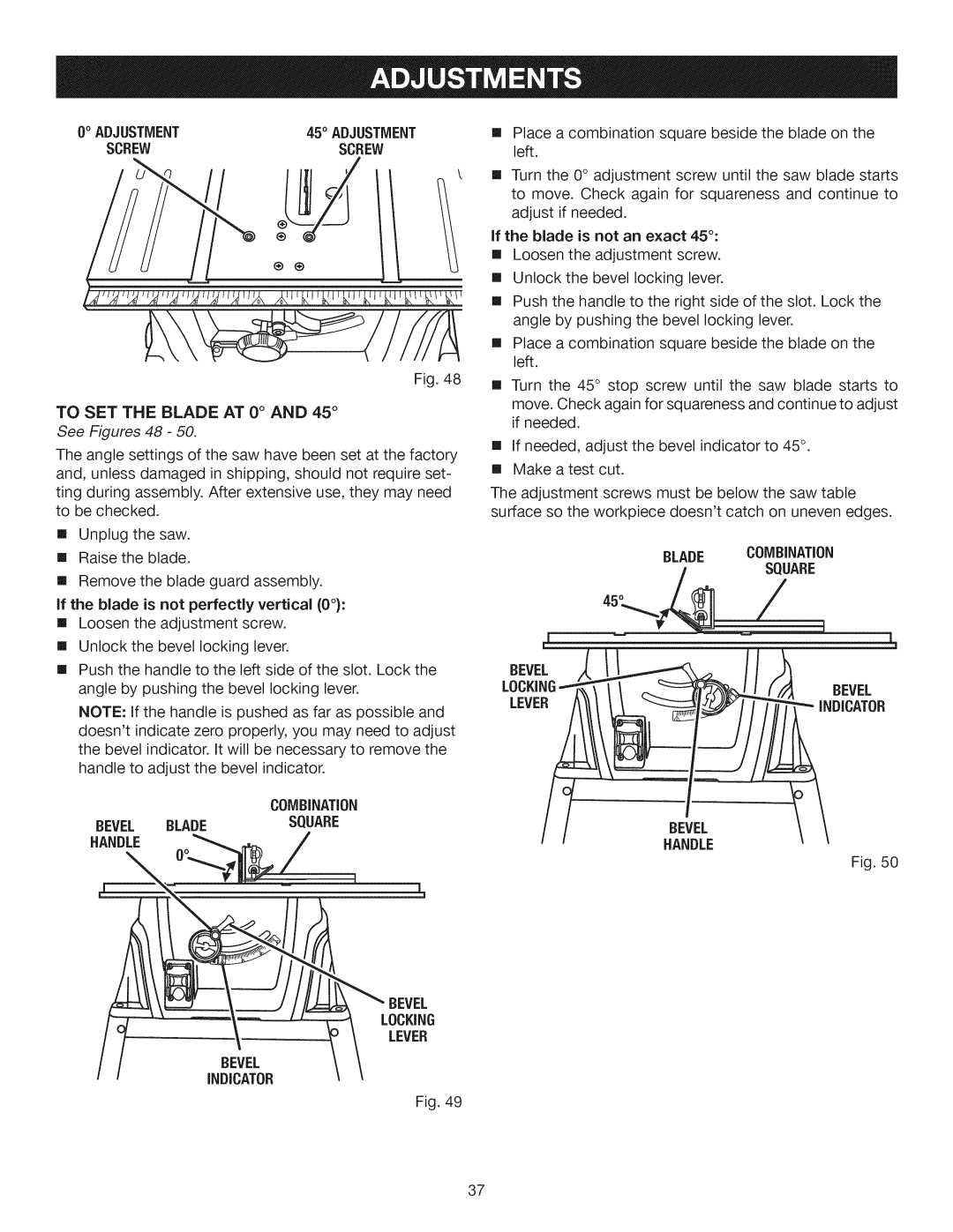 Craftsman 315.28461 manual Adjustment Screw, See Figures 48, Indicator, Handle 