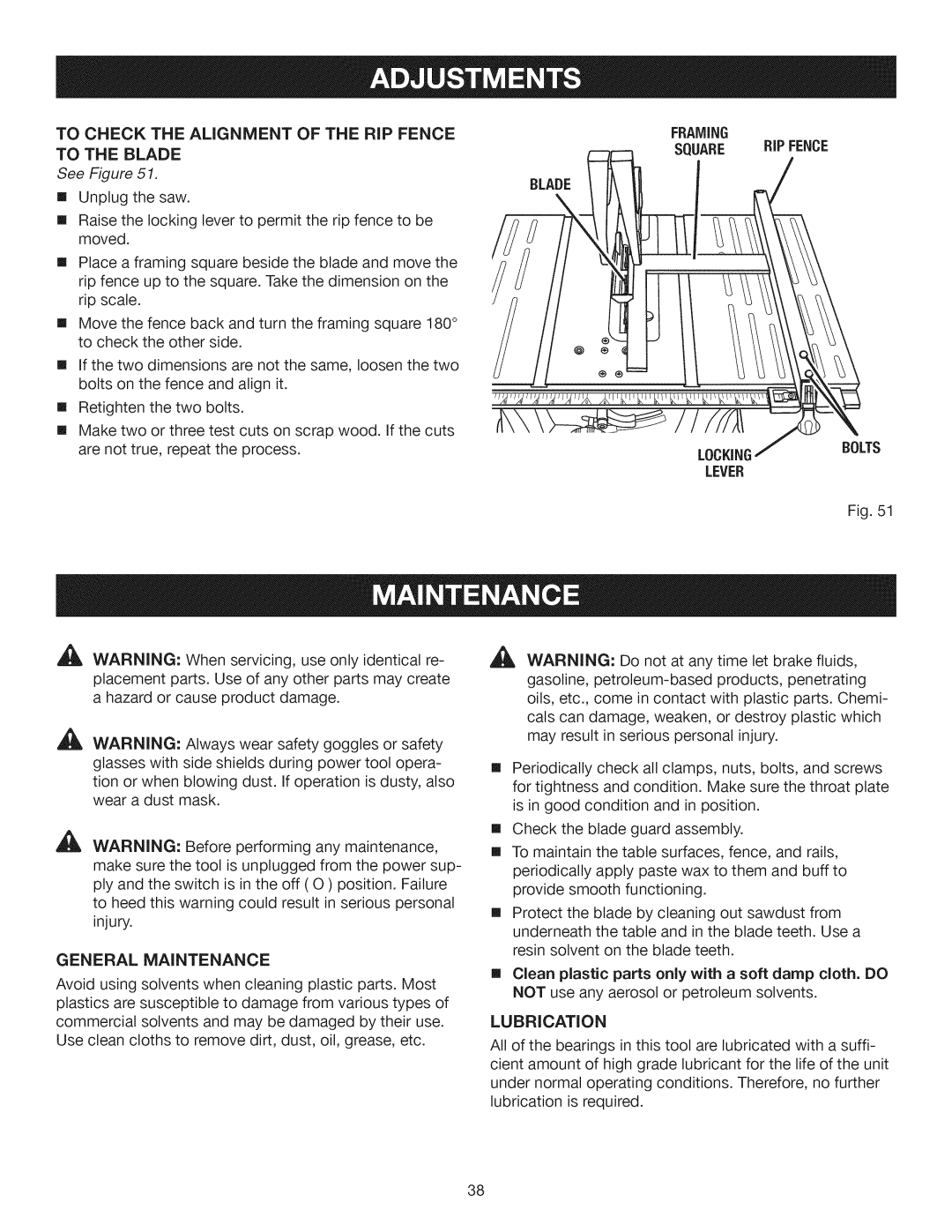 Craftsman 315.28461 manual To Check the Alignment of the RiP Fence to the Blade, General Maintenance, Bolts, Lubrication 