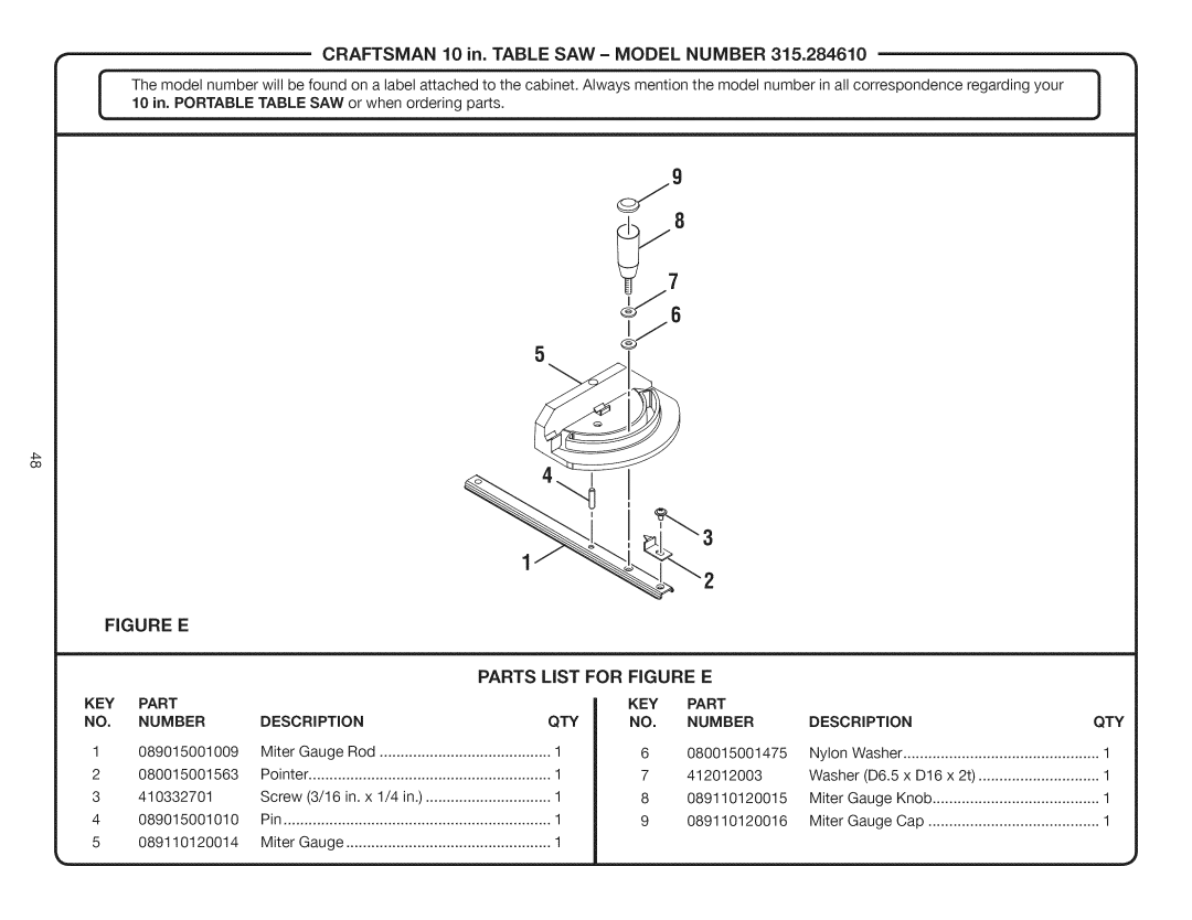 Craftsman 315.28461 manual Description QTY, Number Description 