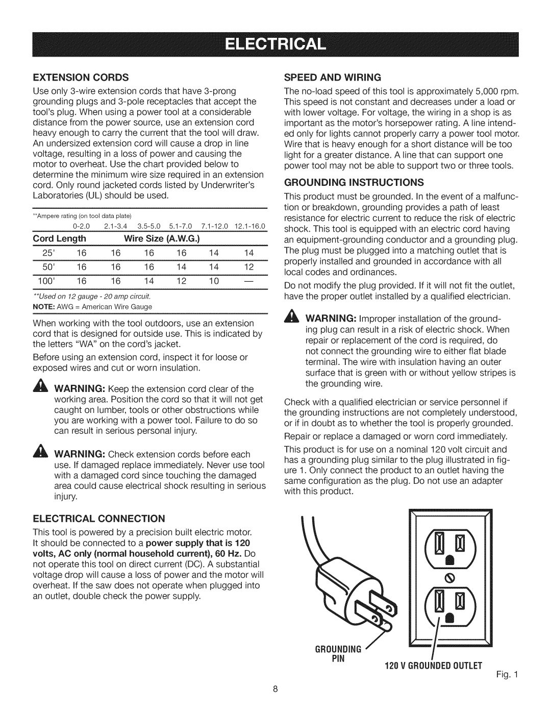 Craftsman 315.28461 manual Extension Cords, Cord Length, Electrical Connection 