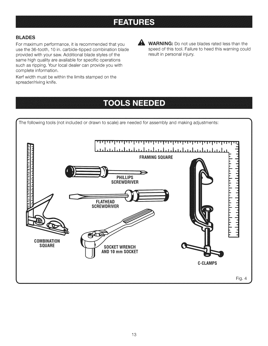 Craftsman 315.28462 manual Blades, Screwdriver, Square, Clamps 