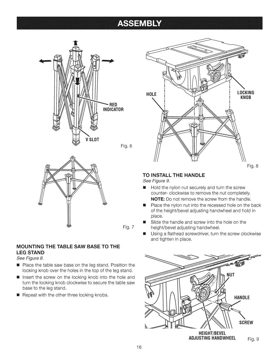 Craftsman 315.28462 manual INDiCATOR, Slot Mounting the Table SAW Base to, Holelocking Knob 