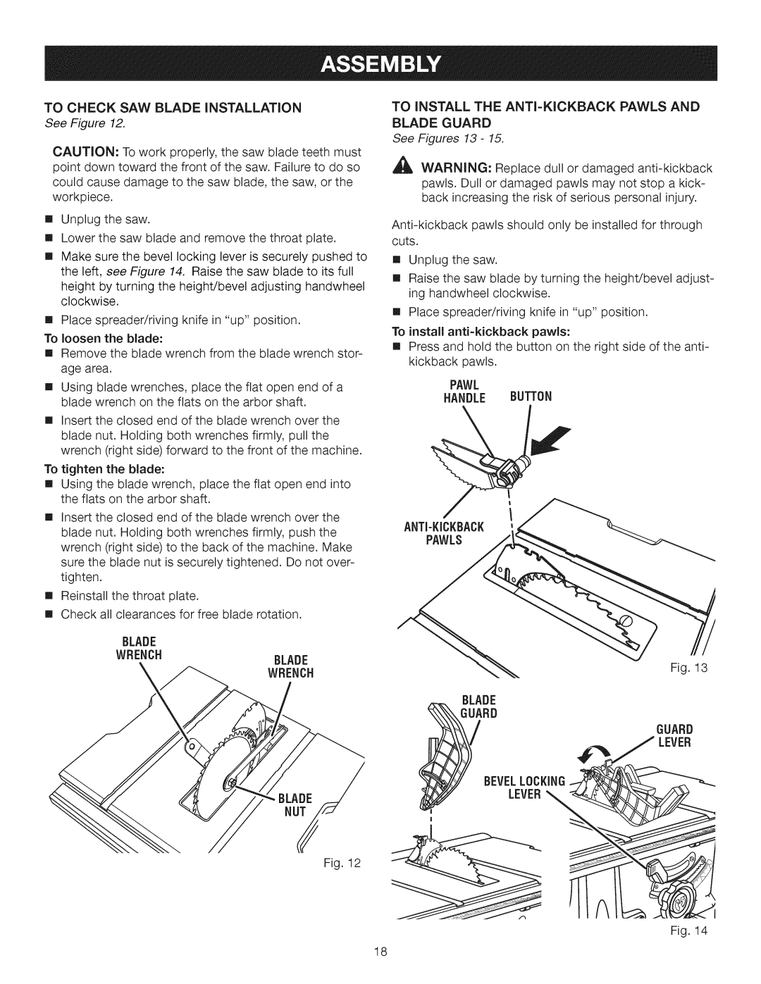 Craftsman 315.28462 manual Blade Wrench, See Figures 13, ANTI-KICKBACK Pawls Blade Guard Lever 