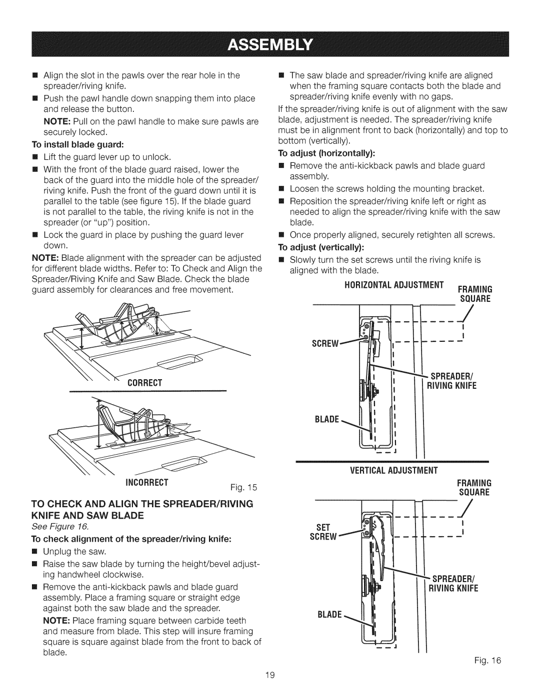 Craftsman 315.28462 manual Correct, Spreader Rivingknife, Verticaladjustment SET Screw Spreader 