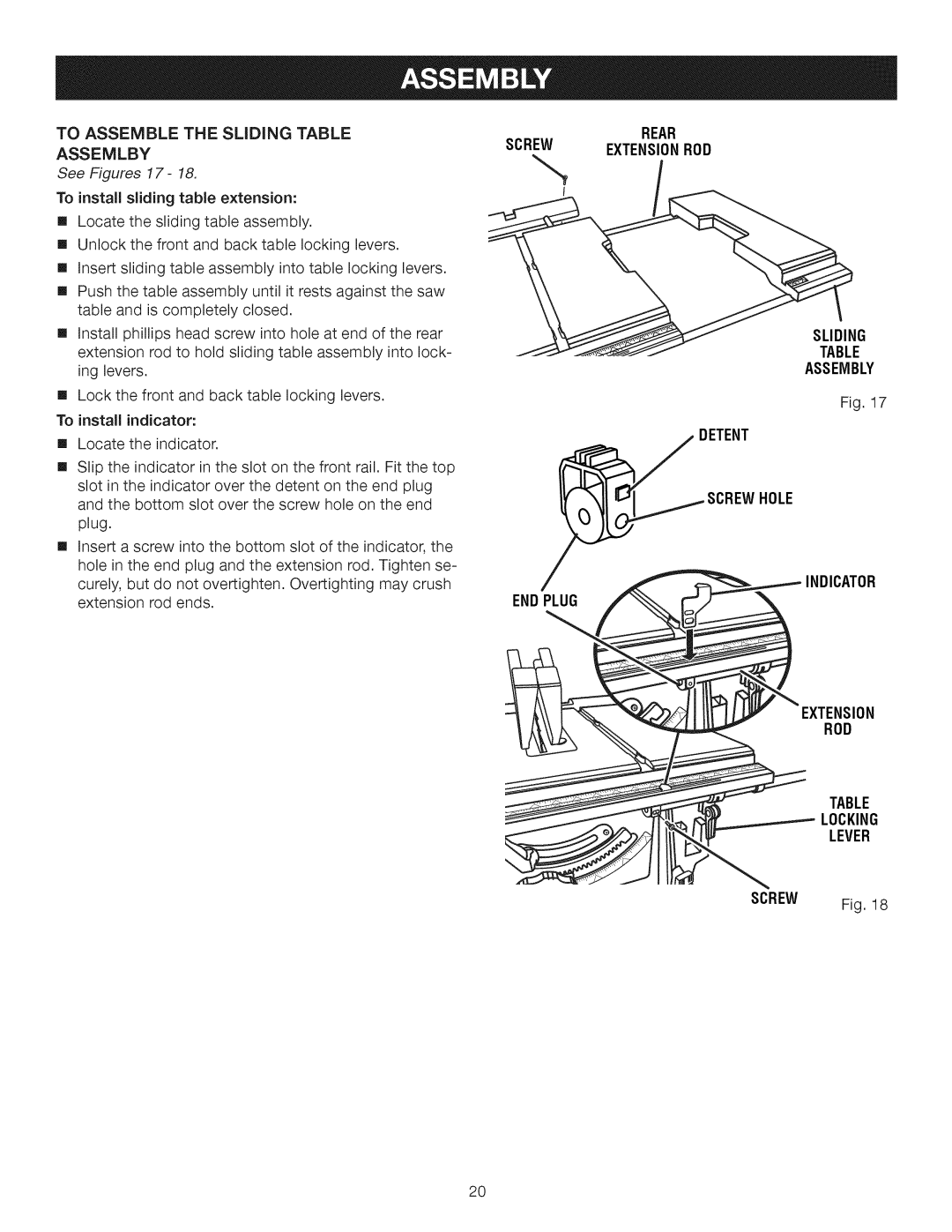 Craftsman 315.28462 manual To Assemble the Sliding Table Assemlby, See Figures 17, Rear, Screw Extensionrod 