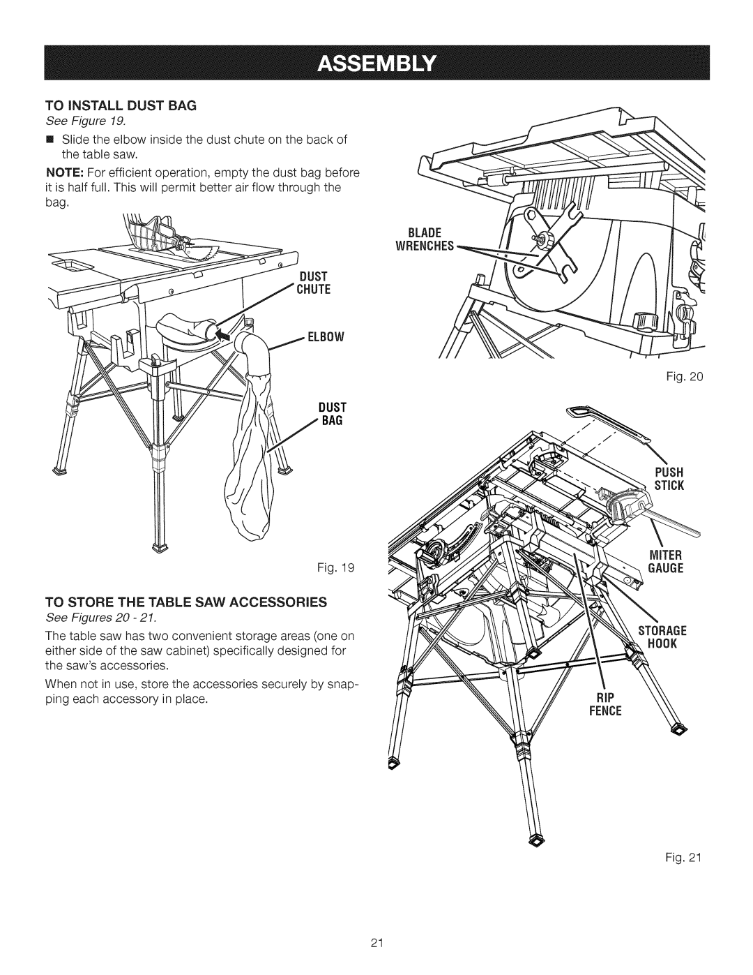 Craftsman 315.28462 manual Dust BAG, See Figures 20, Push, Miter Gauge Storage Hook 